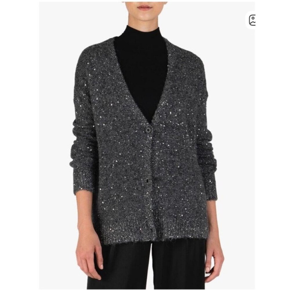 ATM Sequin V-Neck Cardigan Sweater Women's Size Med in Charcoal / Silver NWOT